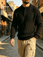FORLENGKE Autumn Winter Men'S Henley Collar Half-Button Cable Knit Top Vintage Street Style 3D Twist Knit Long Sleeve Sweater Loose Slimming Casual Versatile Inner Wear Outer Wear Pullover Shirt - Black