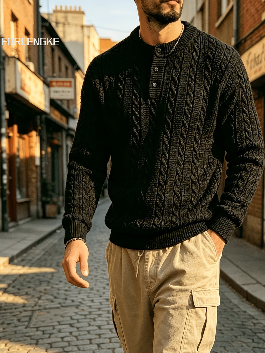 FORLENGKE Autumn Winter Men'S Henley Collar Half-Button Cable Knit Top Vintage Street Style 3D Twist Knit Long Sleeve Sweater Loose Slimming Casual Versatile Inner Wear Outer Wear Pullover Shirt - Black