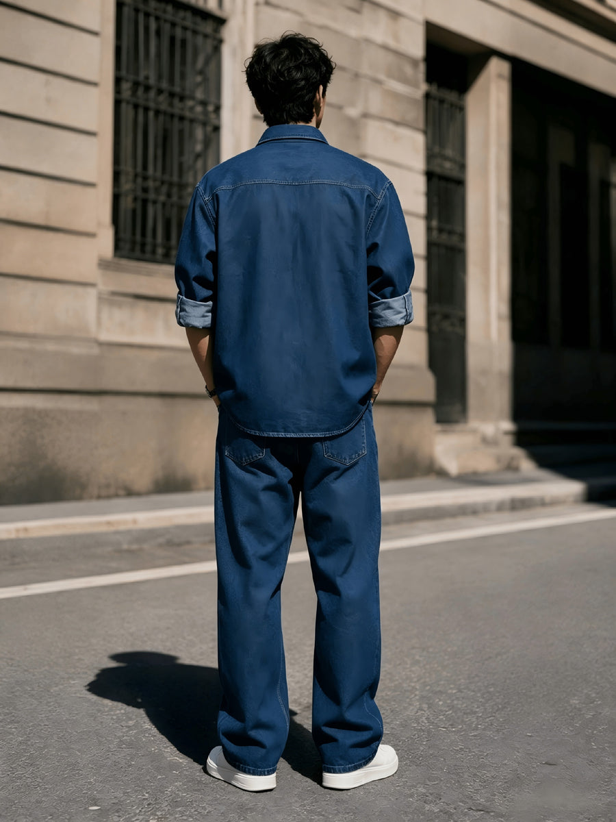 Men's Vintage Workwear Style Long-Sleeve Denim Shirt, Versatile and All-Match - Blue