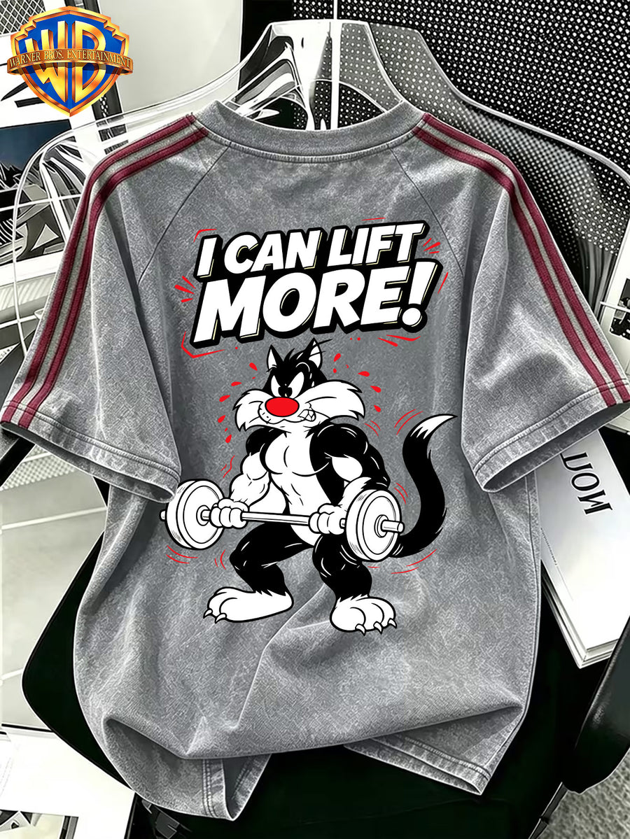 Warner Official Authorization, American Retro Men's Washed Short T-shirt, Silly Cat Vigorously Lifting Barbell, Fitness Hot Blooded Cartoon Print Pattern, Side Contrasting Stripes, Comfortable and Breathable, Suitable for Daily Commuting in Summer - Grey