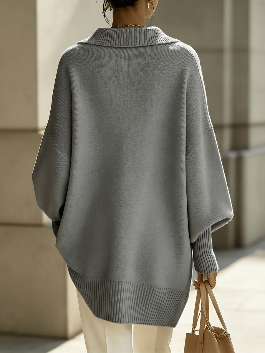 New Autumn/Winter French-Style Elegant Pullover, Polo Collar with V-Neckline, Batwing Sleeves and Drop Shoulder Design, Elegant, Comfortable, and Skin-Friendly, Women's Autumn/Winter Clothing, New Autumn Women's Style, Stylish Sweater, Popular Korean - Slate Grey