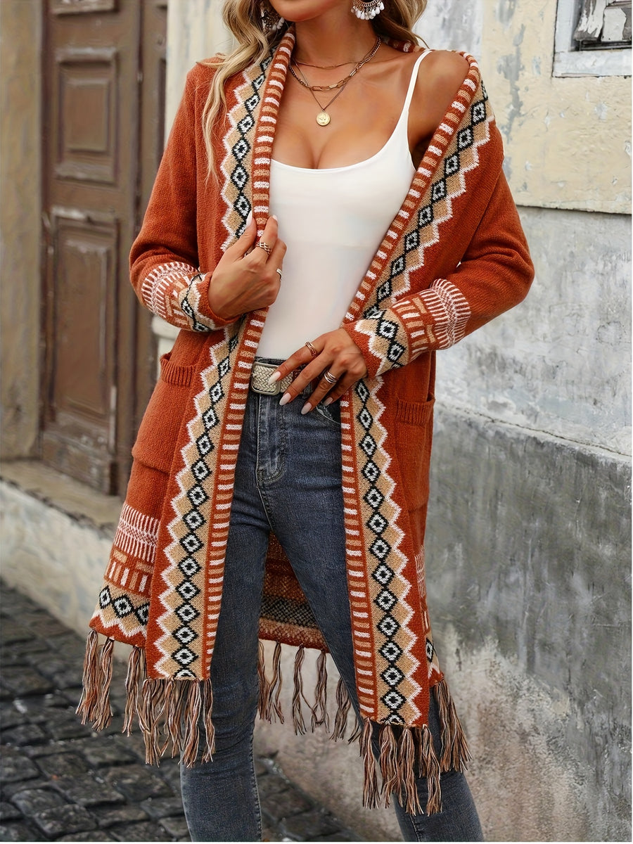 25th Anniversary Sweater Holiday Style New Arrival, Four Seasons Versatile Women's Clothing, Contrast Color Geometric Pattern with Hem Tassel Design, Long Elegant Long Sleeve Cardigan Coat - Orange-Red