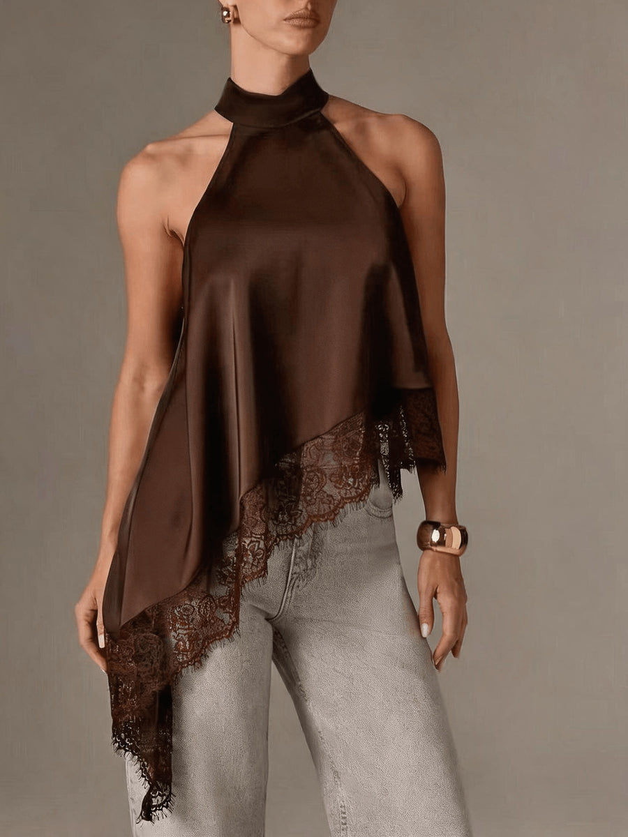 Directional Style Irregular Patchwork Lace Neckline Halter Elegant Temperament Top Halter Vest - Brown