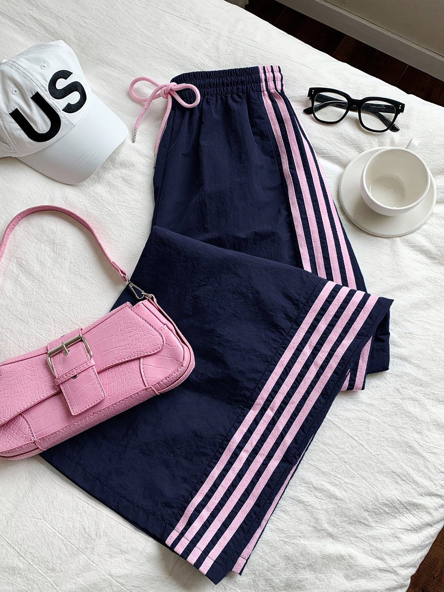 Reading Week Apparel, Back-to- Season, One Pair of 2026 Spring/Summer New Style Casual Sporty Fashionable Comfortable and Beautiful Women's Long Pants with Contrast Color and Drawstring Waist, Suitable as a Holiday Gift for Women's Clothing - Blue