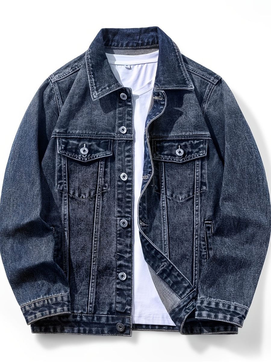 Men'S Vintage Denim Jacket, Classic Lapel, Retro Washed Denim Coat, Multi-Color Casual Workwear Jacket - Navy Color