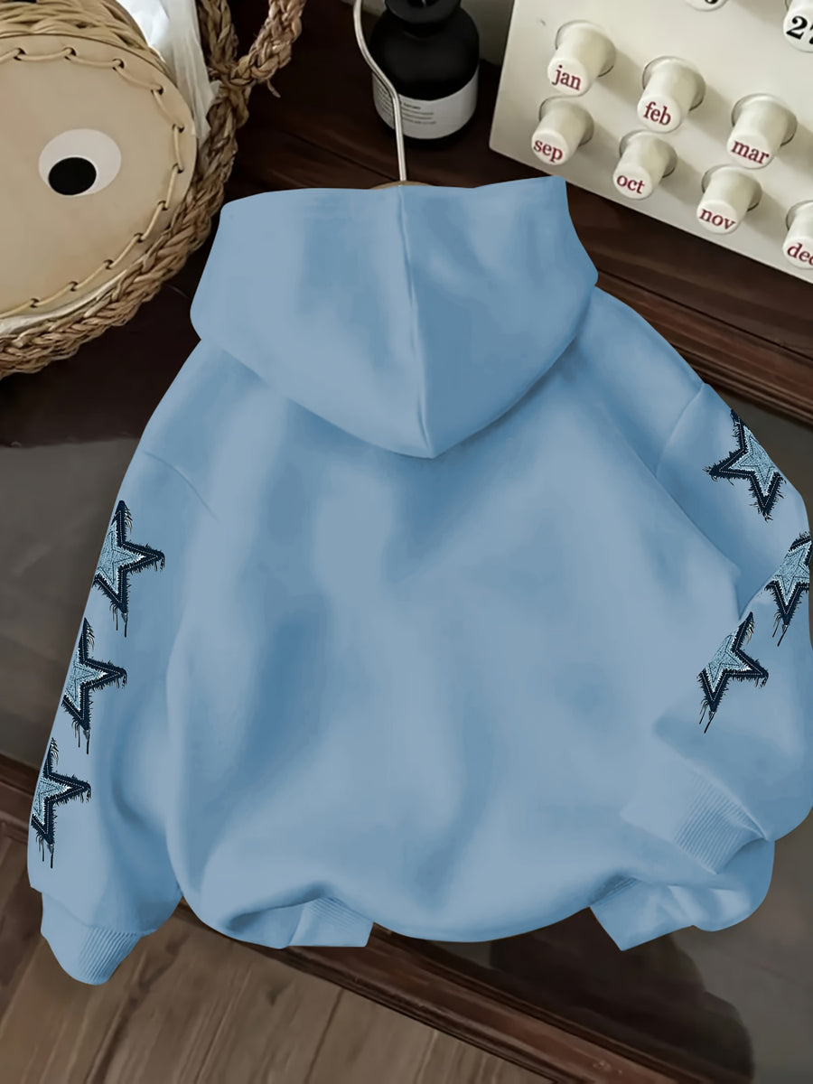 Vintage Denim Fringe Star Hooded Sweatshirt with All-Over Five-Pointed Star Print, a Versatile Casual Hoodie Top for Spring and Autumn - Light Blue