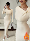 Elegant And Fashionable New Four-Season Decorative Buckle Solid Color Long-Sleeved Tight-Fitting Hip-Hugging Warm Waist- Casual Party Commuting Long Dress - Apricot