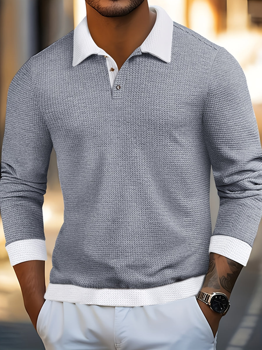 Men's Autumn Color-Block Lapel Long-Sleeve Polo Shirt with Contrasting White Collar. The Slim-fit, Clean-cut Design Flatters the Figure Without Being Tight or Bulky. Featuring a Simple, Light-luxury Business-casual Style, It's Effortlessly Versatile - Light Grey