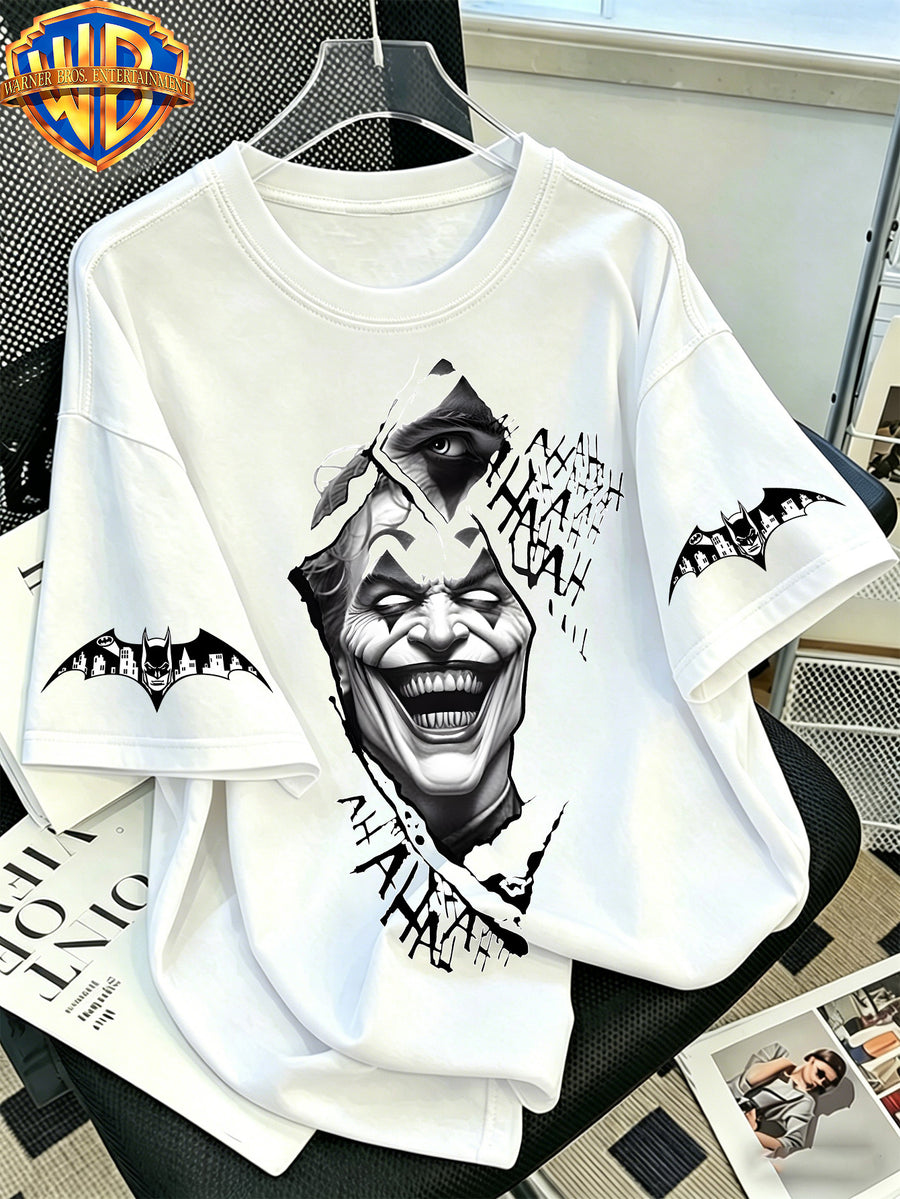 Official WB. Men's Short-sleeve T-shirt with Fun Cartoon Print, Joker Black and White Torn Cartoon Print, Crew Neck Top. Suitable for Men's Casual Summer Daily Commutes, Home, and Office Wear - White