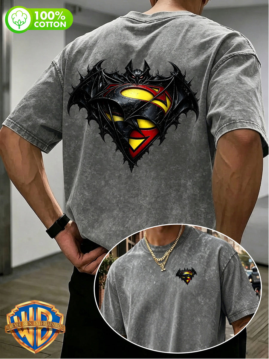 1pc, Men'S 100% Washed "Retro Washed DC Heroes Front And Back Print Pure Loose Casual Short Sleeve T-Shirt" Casual All-Match Loose Summer Round Neck Short Sleeve, Double-Sided Print - Suitable for Outdoor Sports, Gym, Daily Wear - Grey