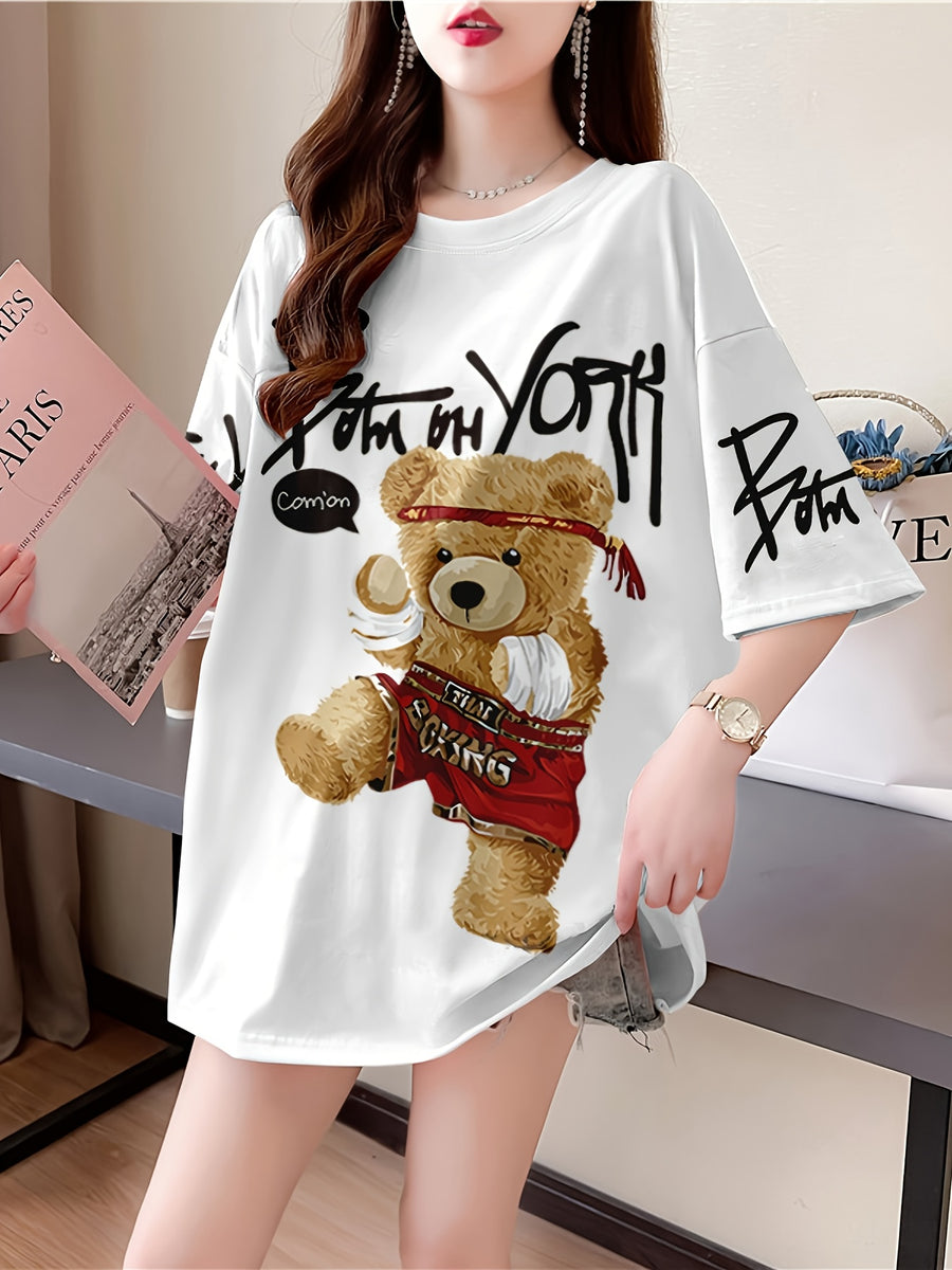 Summer New Fashion Trend Large Size Women'S Slim Loose Medium Long Cartoon Short-Sleeved T-Shirt - White