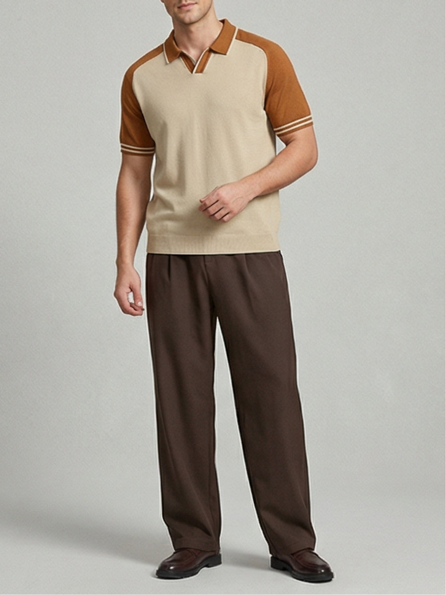 Men's Color-Block Summer Breathable Saddle Shoulder Knit Shirt, Short Sleeve Lapel V-Neck Casual Light Business Knit Top - Apricot
