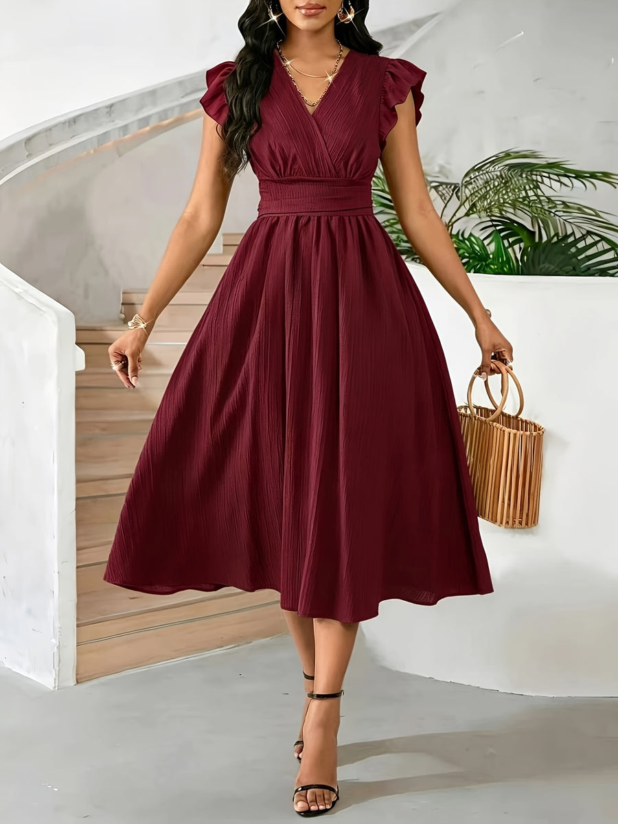 New Spring/Summer Women's Flutter Sleeve V-Neck Casual Midi Dress, a Stylish and Elegant Summer Vacation Outfit - Burgundy
