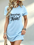 [Printed Design - Not Textured] Casual Women Dress, German Slogan Print, Beach Vacation, Gift for Friend, 100% Polyester - Sky Blue