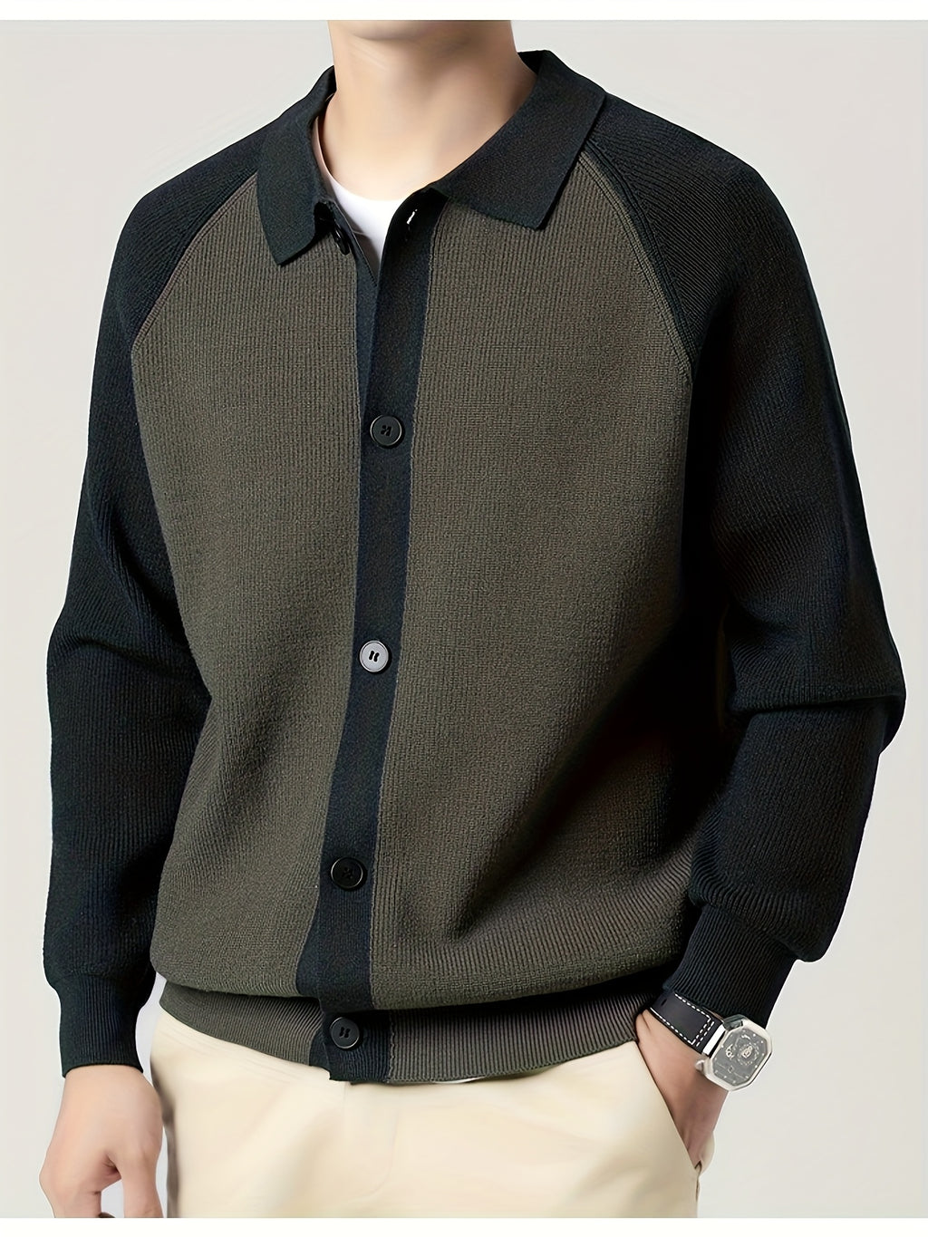 New High-Quality Lapel Button Knit Cardigan, Loose Fit, Fashionable Casual Color-Block Men's Wear, Stylish and Handsome Wool-Blend Warm Top, Autumn/Winter Men's Sweater Jacket K523 - Dark Gray