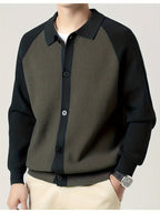 New High-Quality Lapel Button Knit Cardigan, Loose Fit, Fashionable Casual Color-Block Men's Wear, Stylish and Handsome Wool-Blend Warm Top, Autumn/Winter Men's Sweater Jacket K523 - Dark Gray
