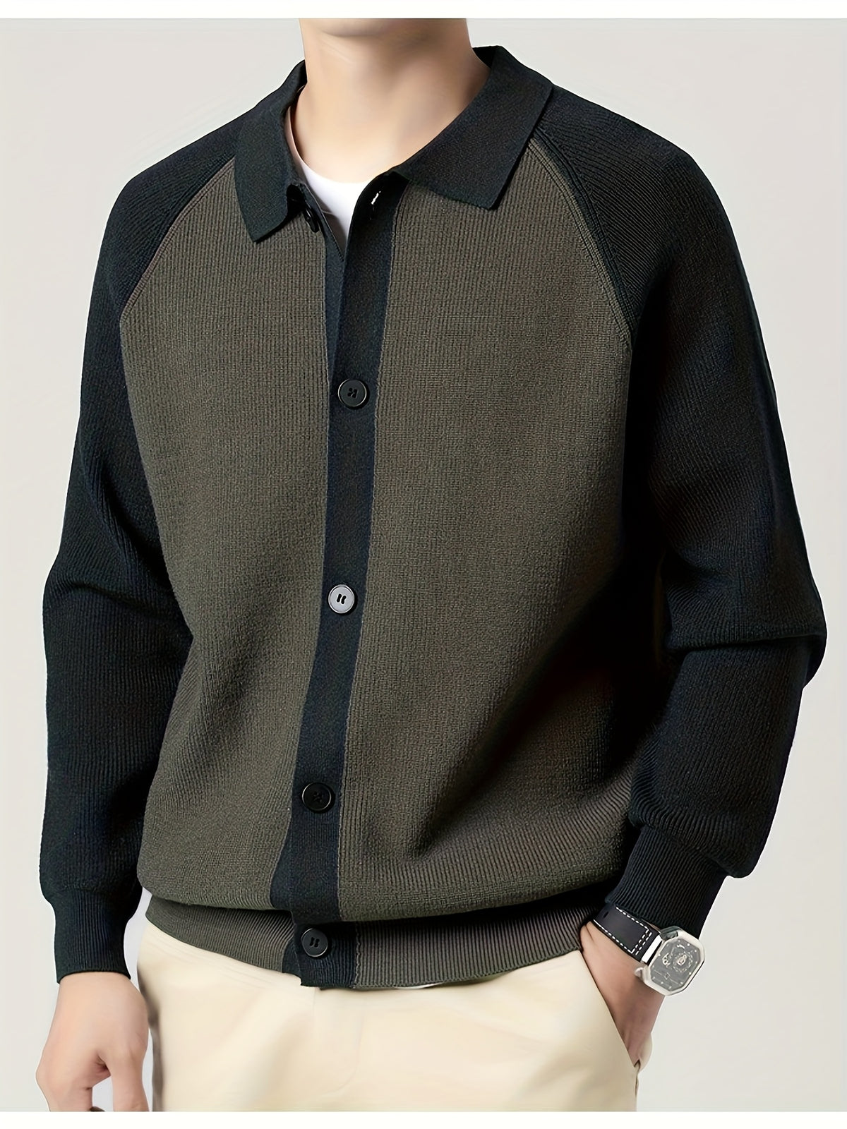 New High-Quality Lapel Button Knit Cardigan, Loose Fit, Fashionable Casual Color-Block Men's Wear, Stylish and Handsome Wool-Blend Warm Top, Autumn/Winter Men's Sweater Jacket K523 - Dark Gray