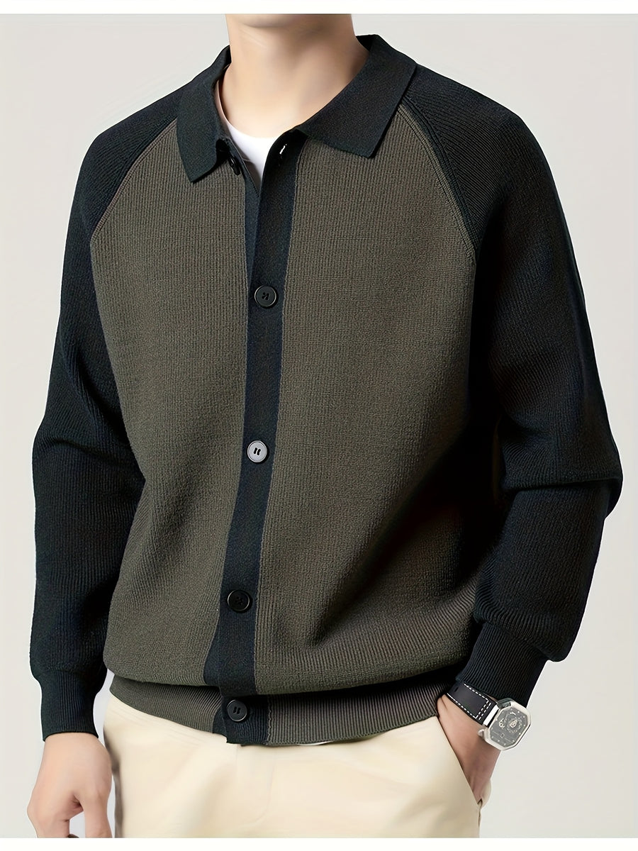 New High-Quality Lapel Button Knit Cardigan, Loose Fit, Fashionable Casual Color-Block Men's Wear, Stylish and Handsome Wool-Blend Warm Top, Autumn/Winter Men's Sweater Jacket K523 - Dark Gray