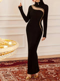 Women'S Luxury High Neck Cocktail Maxi Dress, Long Sleeve Cutout Golden Trim Bodycon Evening Gown, Elegant Formal Dress for Gala, Banquet, Wedding Guest & Dinner Party - Black