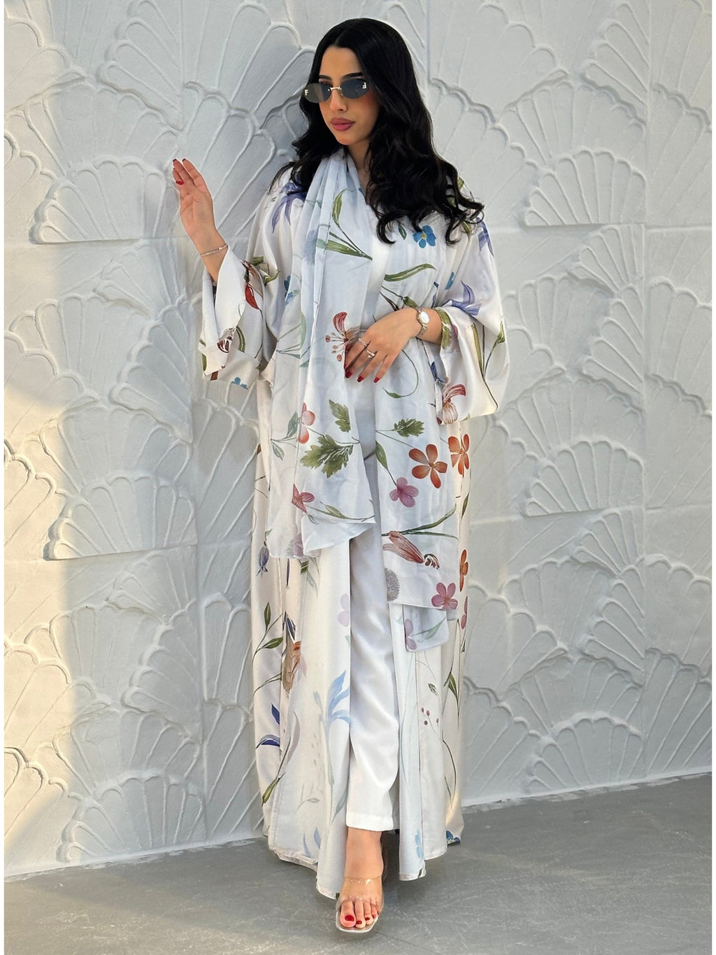 Elegant Print Abaya 2pcs Set with Hijab | Muslim Women Open Front Long Kaftan - White