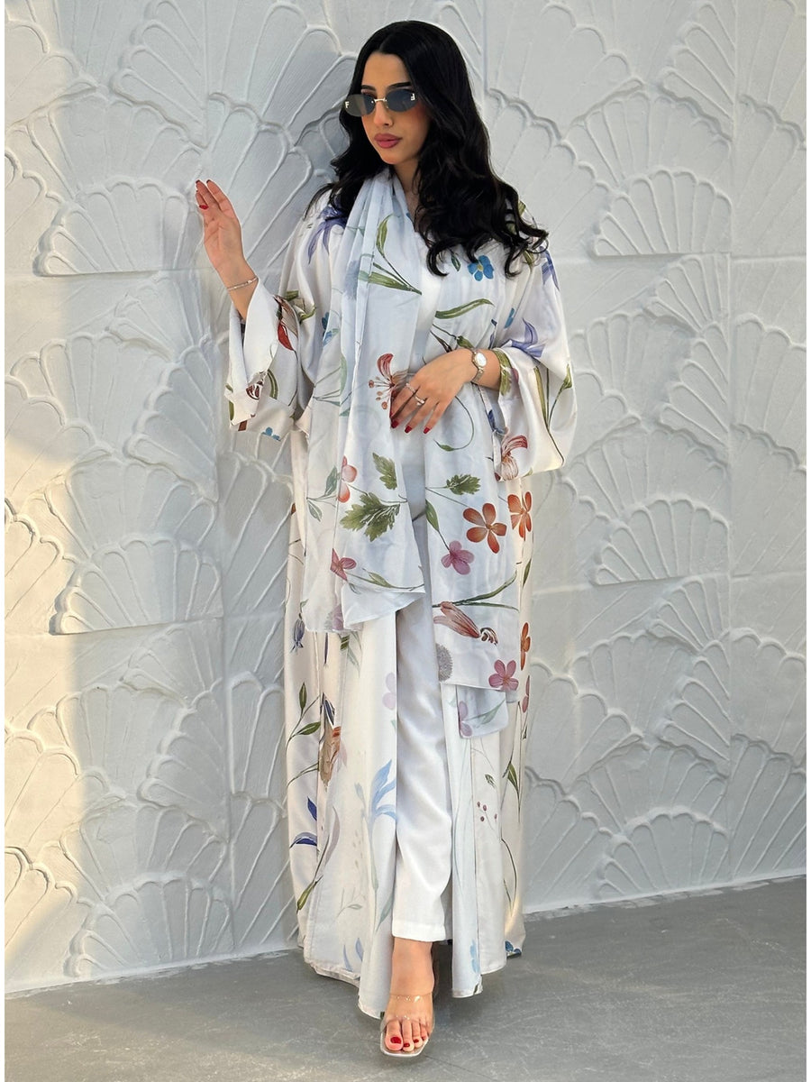 Elegant Print Abaya 2pcs Set with Hijab | Muslim Women Open Front Long Kaftan - White