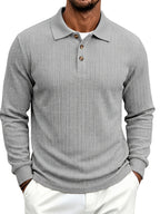 Spring/Autumn Men'S Long Sleeve Polo Shirt, High-Elastic Textured Vertical Rib Jacquard Collar T-Shirt, Business Casual Slim Fit Versatile Solid Color Pullover Top - Grey