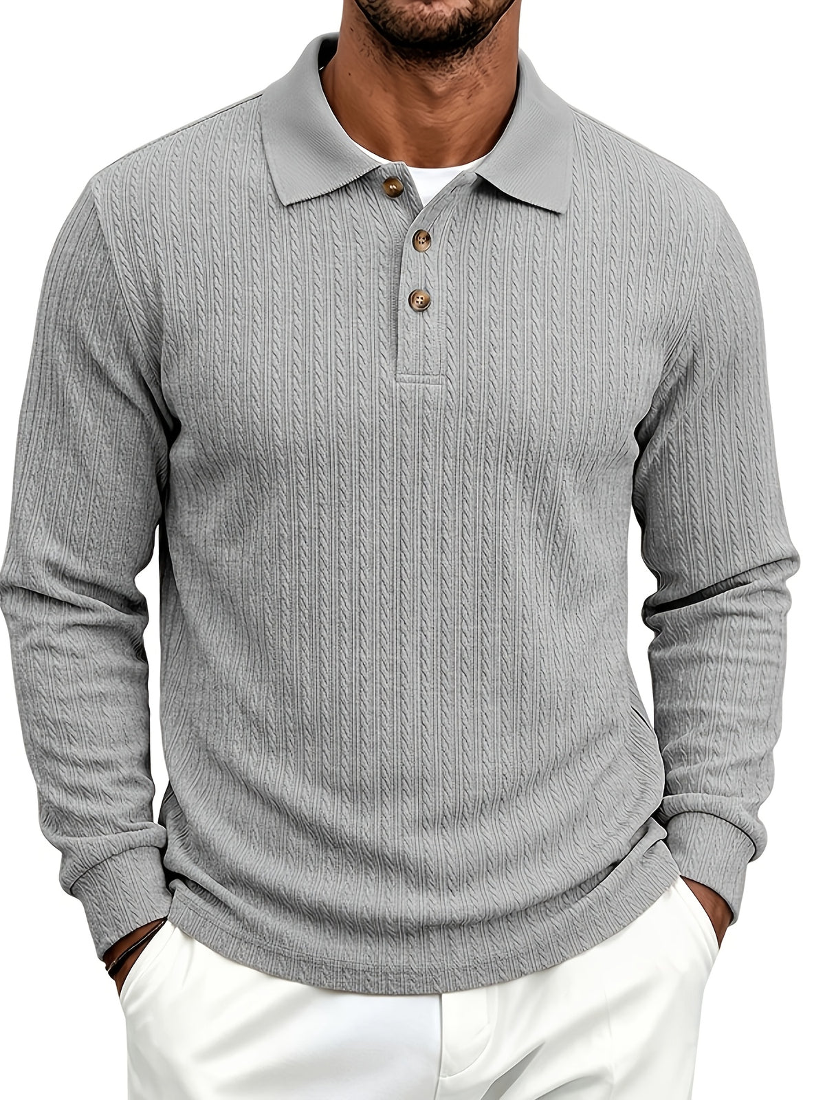 Spring/Autumn Men'S Long Sleeve Polo Shirt, High-Elastic Textured Vertical Rib Jacquard Collar T-Shirt, Business Casual Slim Fit Versatile Solid Color Pullover Top - Grey
