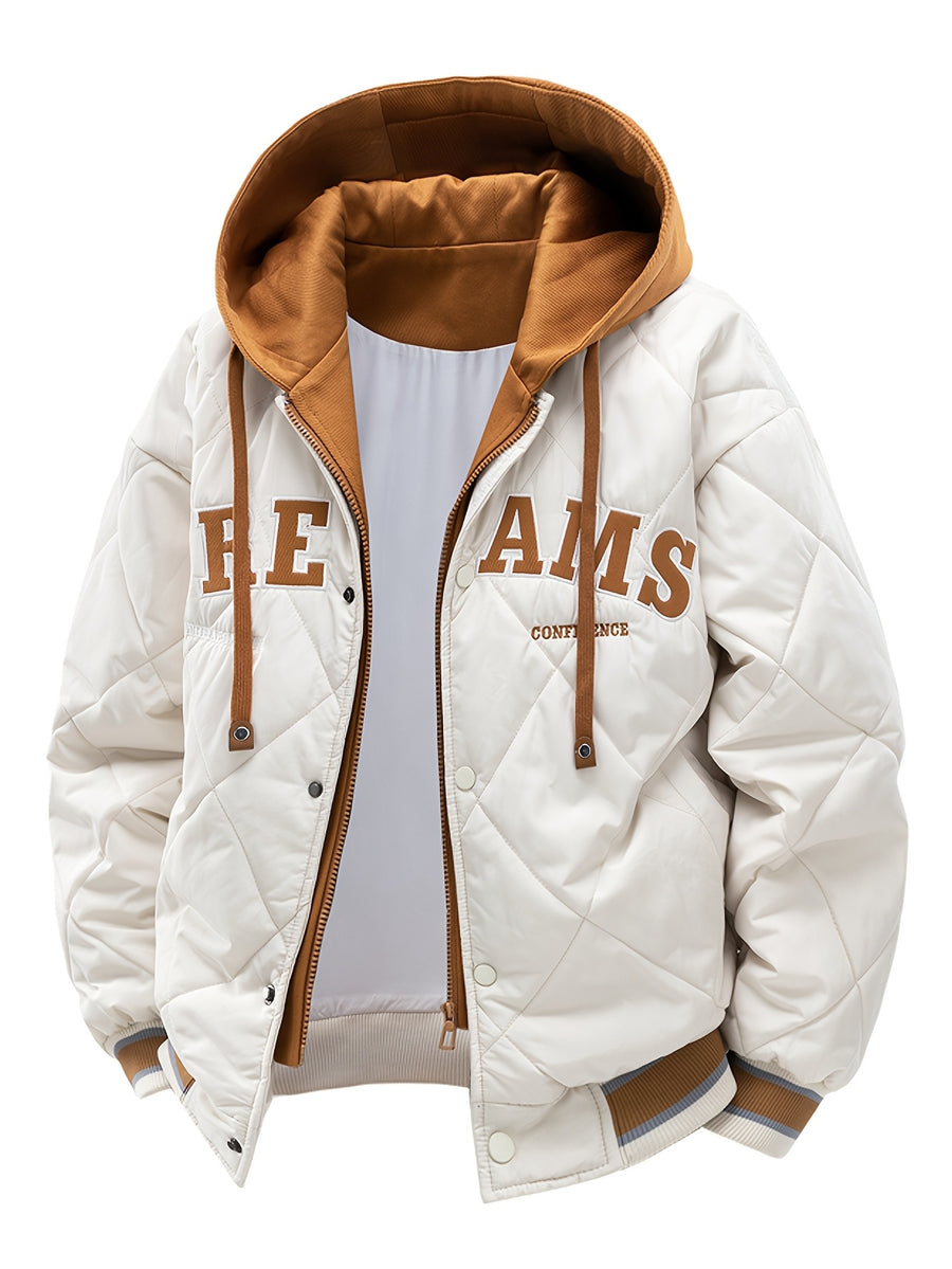 2025 New Men's Winter Warm Jacket with Letter Embroidery, Thickened Warm Casual Hooded 2-in-1 Look Padded Coat, Camping Christmas New Arrival - Khaki