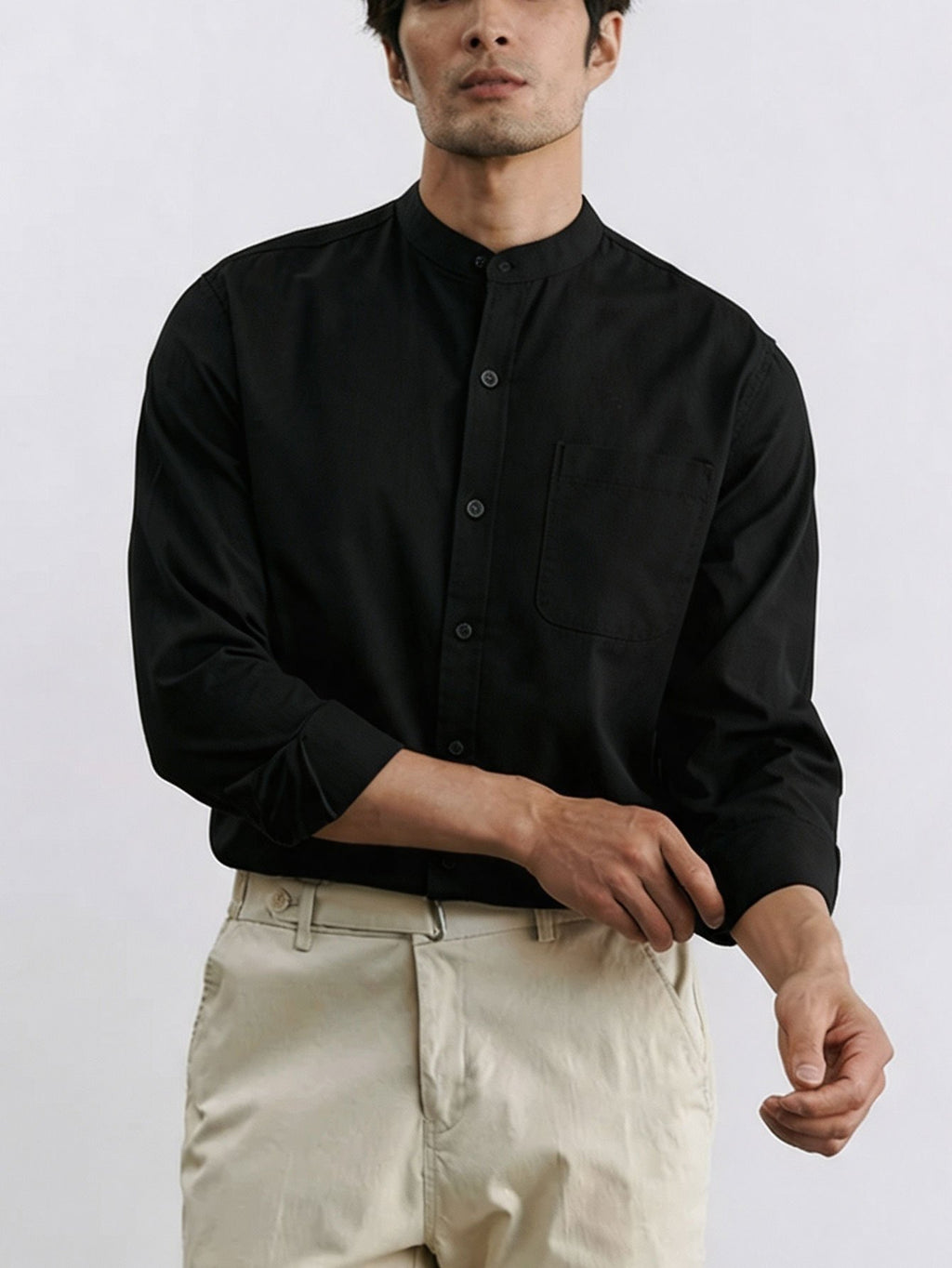 Spring And Autumn Men'S Stand-Collar Long Sleeve Shirt, Retro Solid Color Loose Shirt, Casual Commute Versatile Top, Spring And Autumn Shirt, Retro Basic Style Shirt, Commute Men'S Wear, Easy Versatile Shirt, Chinese Collar Long Sleeve Shirt - Black