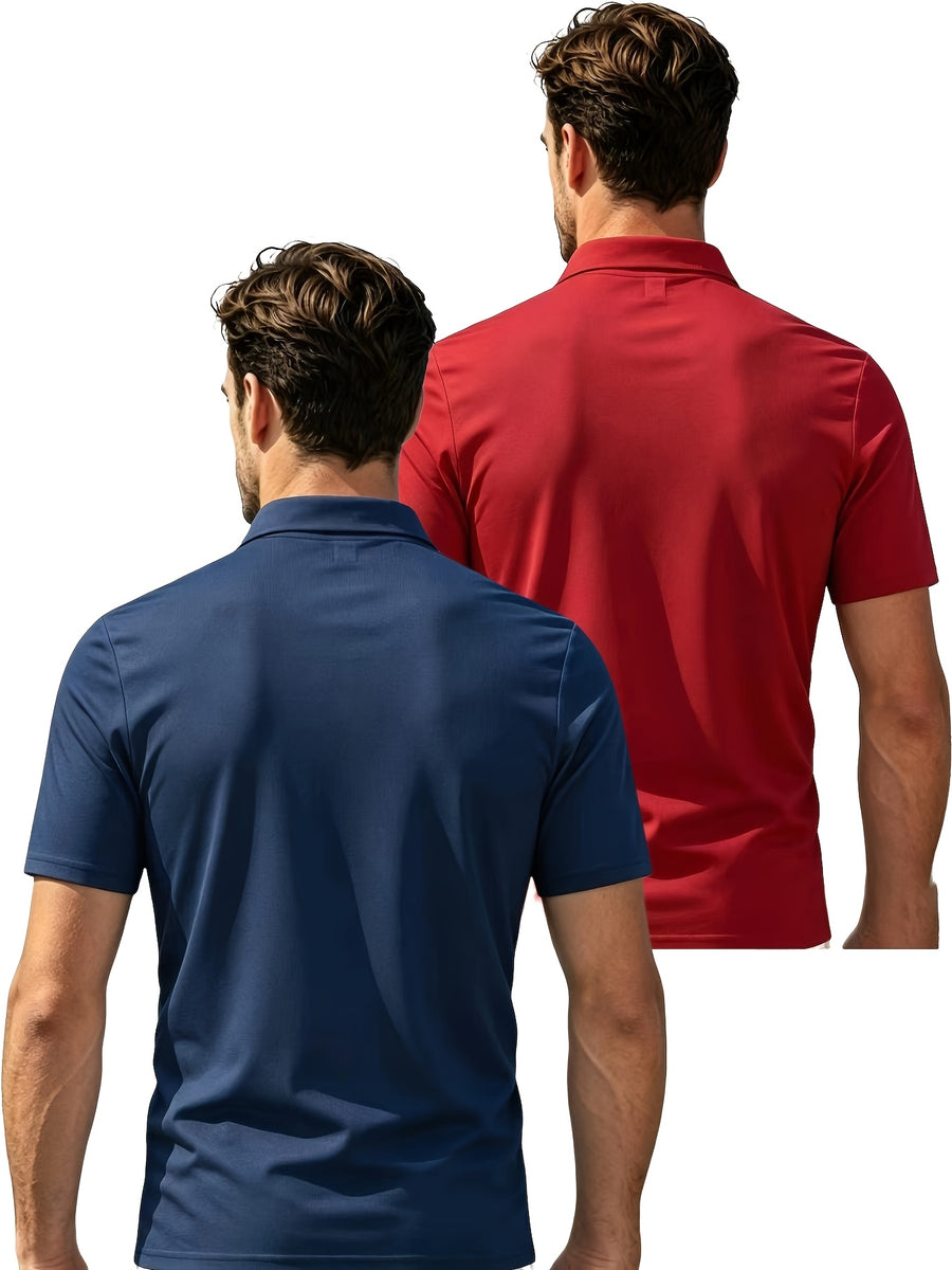 2pcs Men'S Short Sleeve Casual Athletic Polo Shirt Set, Zipper Collar, Comfortable And Breathable, Original Design - navy blue plus red