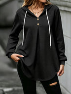 Waffle- Women's Sweatshirt with a Button- Placket at the Hooded Neckline, Creating a and Stylish Look. A Casual yet Elegant Hooded Sweatshirt—fashionable and Versatile - Black