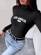 Women's New Autumn/winter Half-high Neck Slim-fit Top, Can Be Worn as an Inner Layer or Outerwear, Made of Stretchy Fabric That Is Soft, Skin-friendly, and Warm, Featuring a Simple Waist-cinching Design, Versatile for Daily Wear. "los Angeles 1998 - Black
