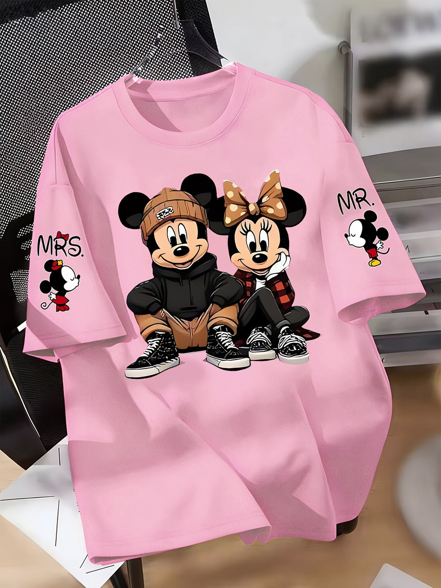 Disney Licensed Women'S Popular Printed Graphic T-Shirt Featuring Mickey And Minnie in a Trendy Street Style. This Short-Sleeve, Round-Neck Tee Has Multiple Prints on The Sleeves - Pink