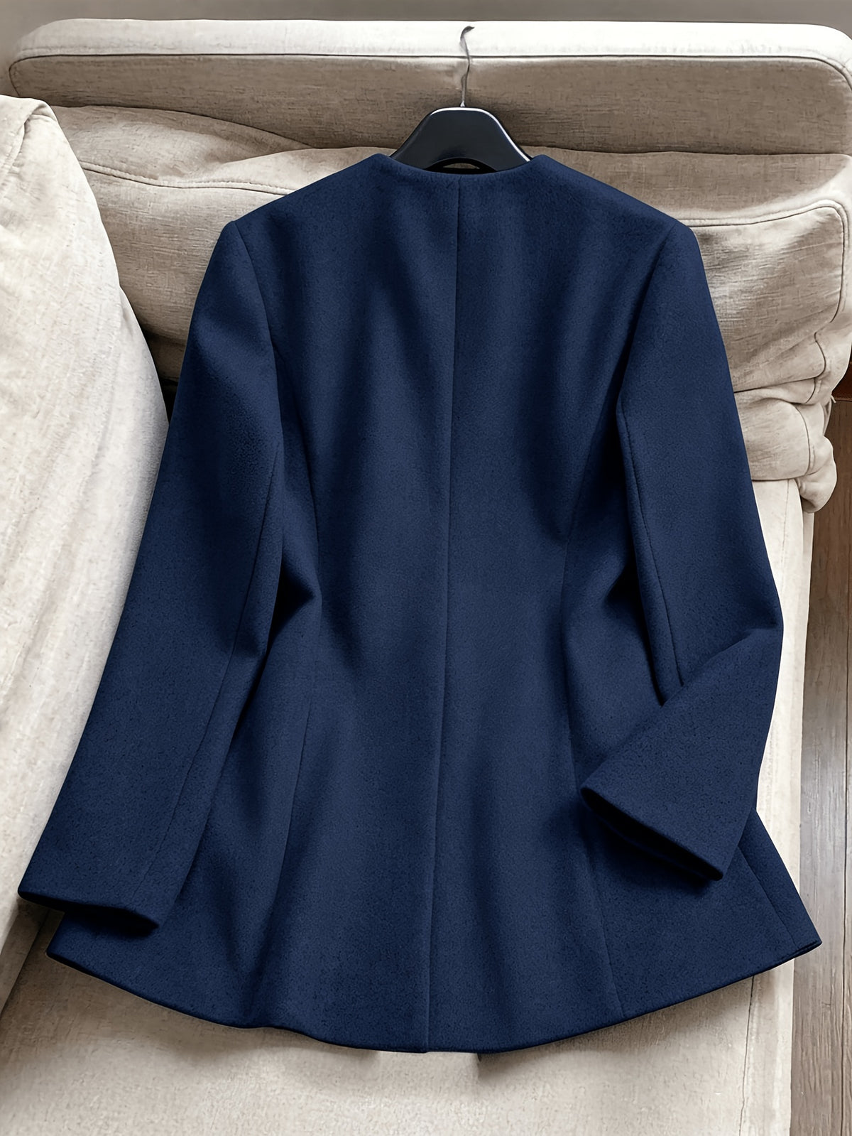 Women's Stand Collar Cinched Waist Midi-Length Coat with Lining, Spring - Blue