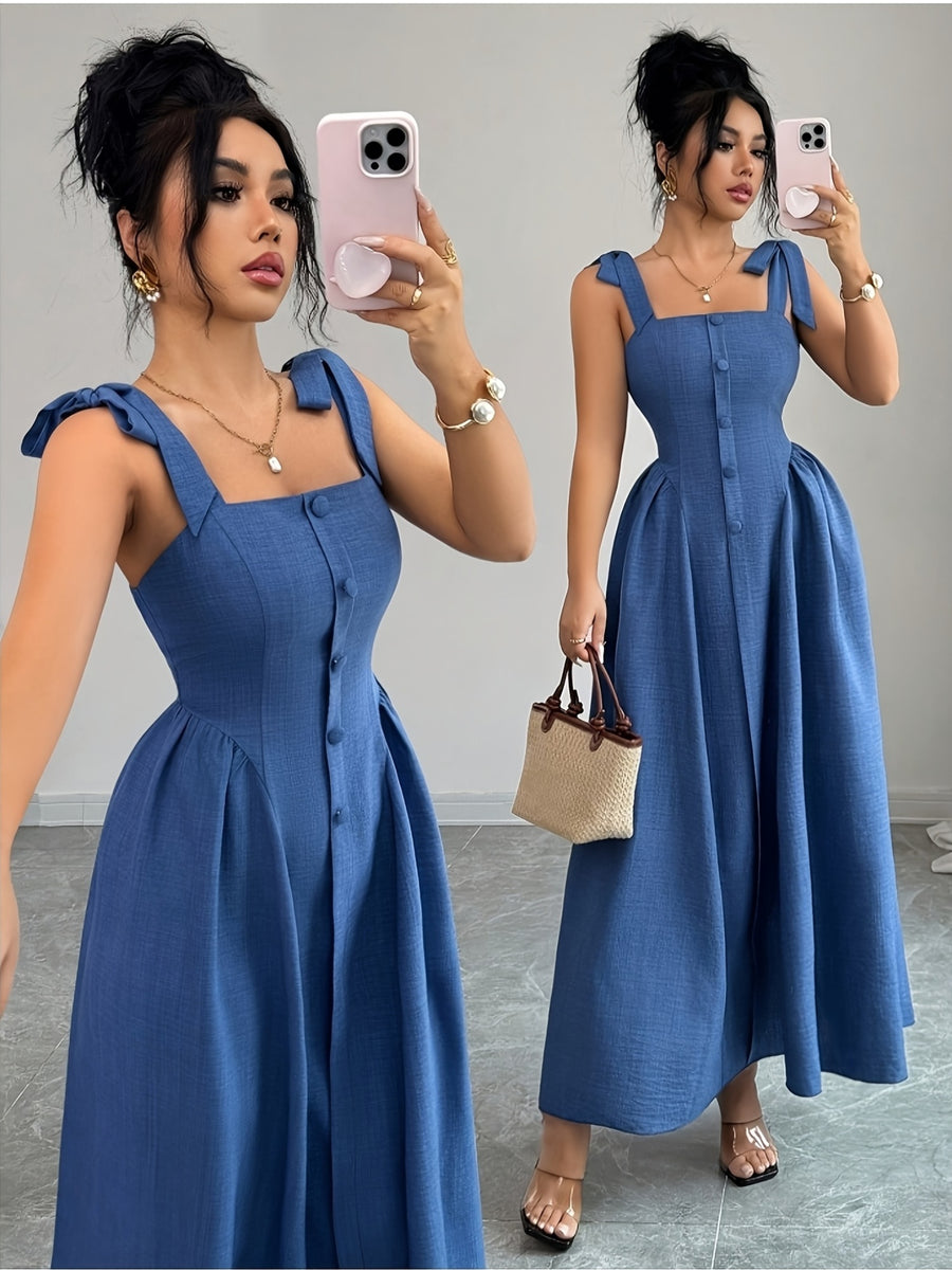 Elegant, Exquisite And Fashionable Bow Camisole Long Dress - Blue