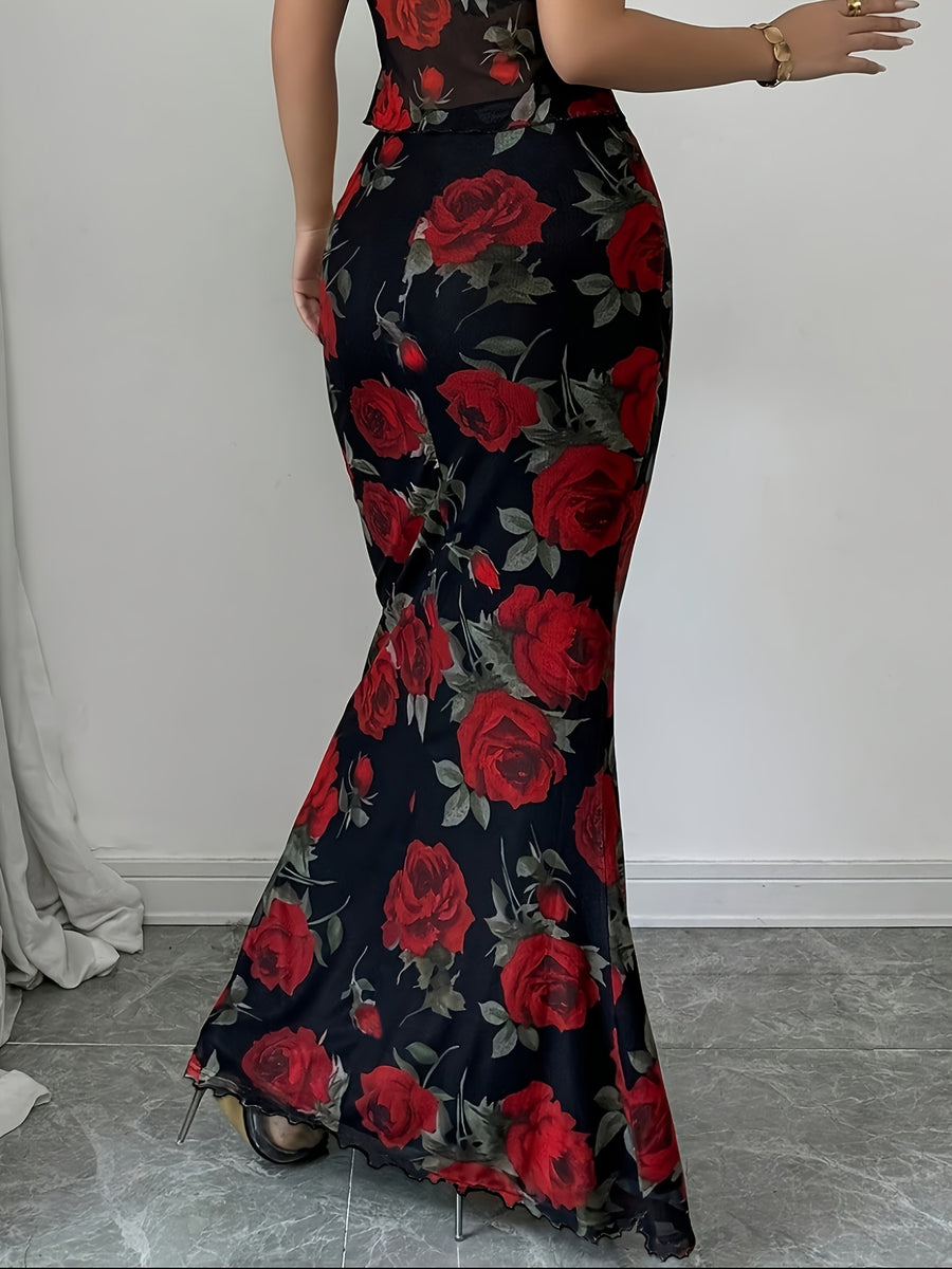 Women'S Elegant Slim Rose Print Fishtail Skirt Suitable for Party Dresses, Gatherings, Banquets, Single Piece Skirt - Multicolor