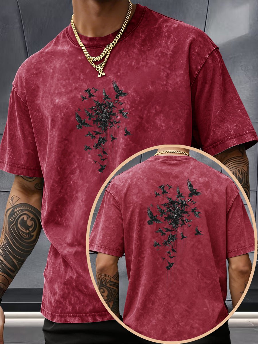 Short Sleeve Top, Pure Washed Distressed Loose Short Sleeve, Raven Flying Bird Front And Back Trendy Print Casual Match, American Street High Street Hip-Hop Couple Style, Daily Outing Commute Sports Fitness Street Style Y2K National Trend T-Shirt - Burgundy