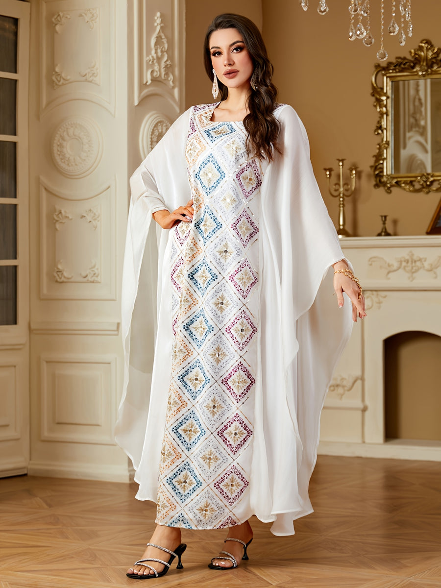 Elegant Middle Eastern Arabic Turkish Kaftan Dress - Batwing Sleeves, Square Neck & Intricate Embroidery, Adjustable Waist Belt, Long Flowy H-Silhouette for Spring Summer Fall, Machine Washable Traditional Attire, Cultural Fashion, Detailed Embroidery - White