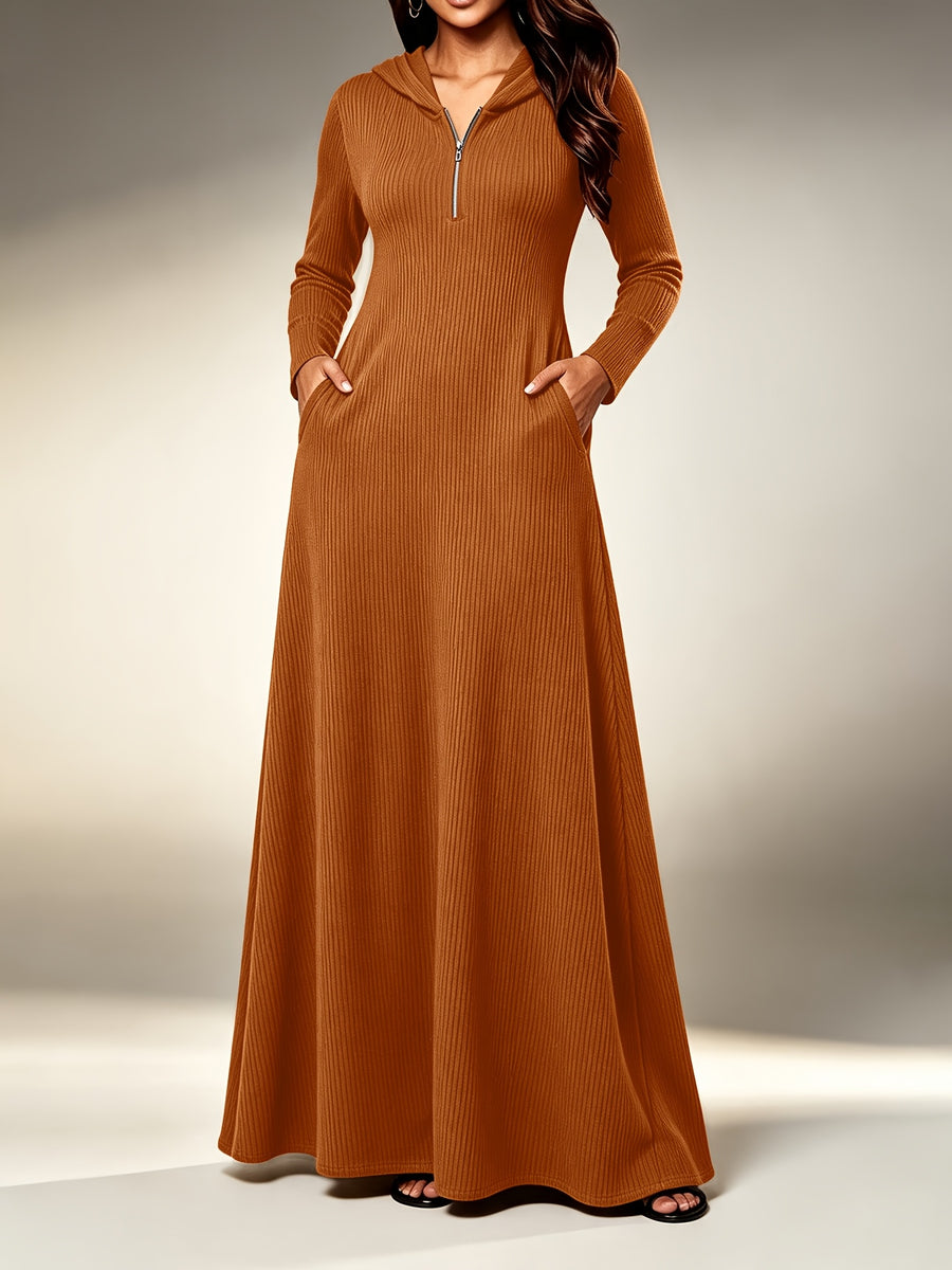 Plus Size - Western Plus Size Women'S Ribbed Hooded Long Dress, Half-Open Zipper Long Sleeve Fitted Flared Casual Floor-Length Skirt - Dark Brown
