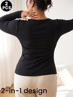 2pcs Women's Long-Sleeve Shaping Top with Built-in Padded Cups, High-Elasticity Fixed Cup S Base Layer, Home Four-Season Inner/Outer Wear T-Shirt - Black+Apricot