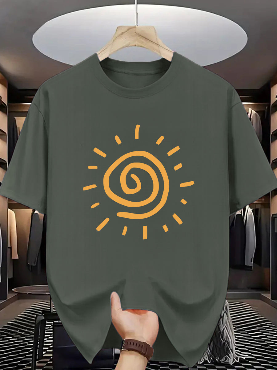 Sunny Energetic Orange Spiral Pattern Short Sleeve T-Shirt, Fresh And Fashionable, Suitable for Outdoor Activities And Daily Wear - Grey