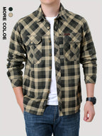 New Men'S Plaid Long-Sleeve Shirt Made of Pure, Washed for a Vintage Look, Lightweight with Double Pockets, Breathable Fabric Suitable for Spring And Autumn, Perfect for Outdoor Leisure - Khaki