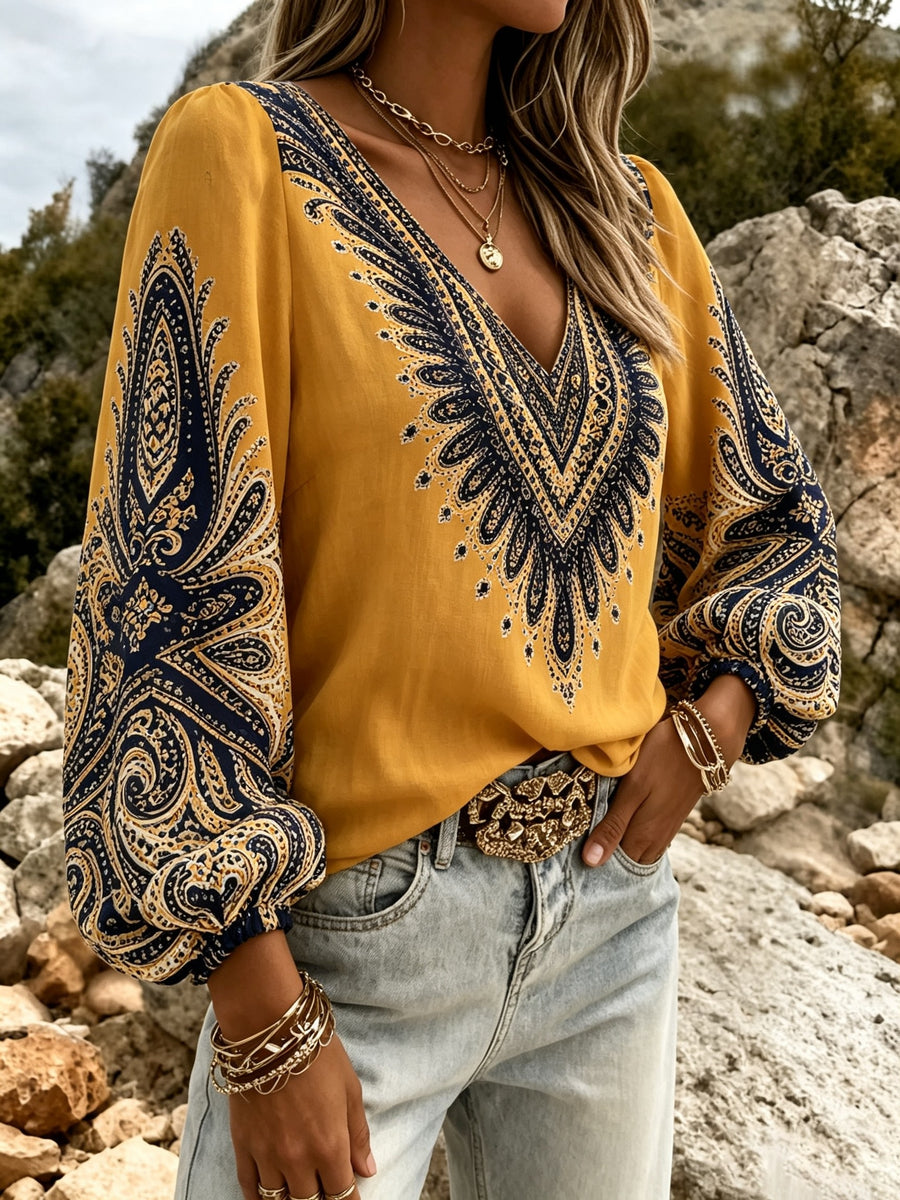Ladies V-Neck Lantern Sleeve Top - Yellow