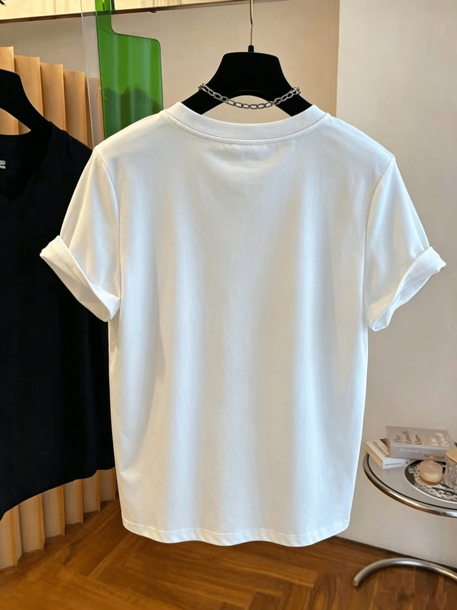 V-Neck Short-Sleeve T-Shirt with GK Letter & Striped Print - Casual Basic Top, Non- Opaque Shirt Suitable for Spring Summer Wardrobe, Machine Washable Casual Attire for Office, Layering & Transitional Outfits - White