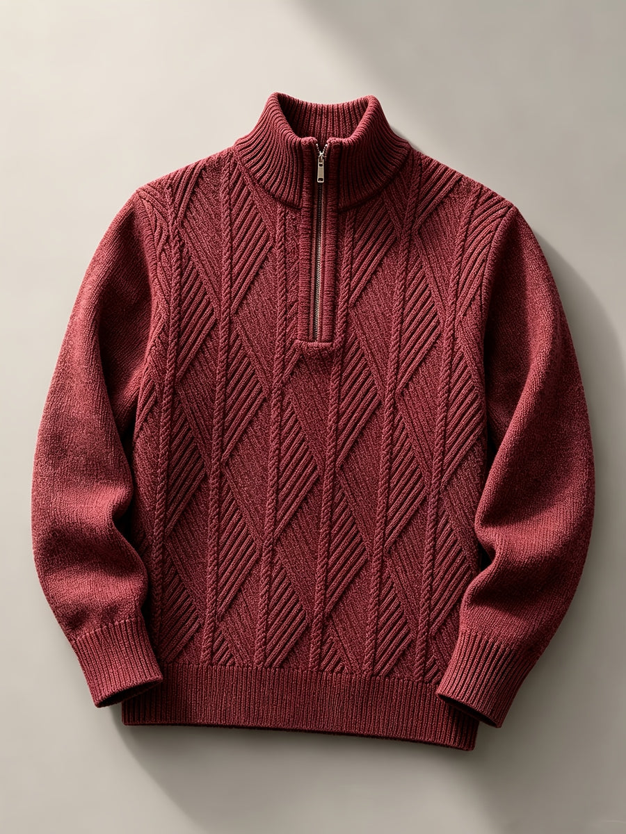 Men's Autumn/Winter Half-Turtleneck Zipper Sweater, Business Casual Pullover Base Layer Top - Burgundy