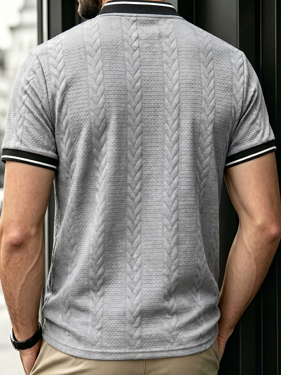 Men'S Cable Texture Short Sleeve Top, Retro Half-Zip Baseball Collar Polo Shirt, Summer Breathable Casual Versatile T-Shirt, Contrast White Trim Baseball Collar with Metal Half-Open Zipper, Suitable for Beach Vacation, Courtyard Leisure - Light Grey