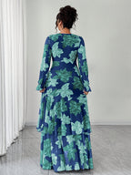 Plus Size, Plus Size Vintage Teal Blue Botanical Print V-Neck Wrap Long Dress with Flared Long Sleeves, Waist-Cinching, for Vacation, Mermaid Style - Blue