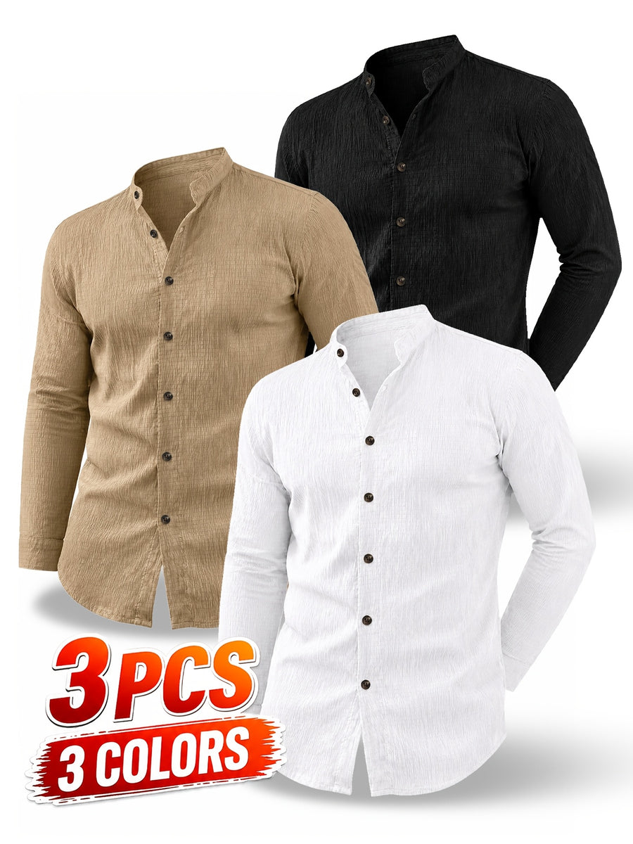 [Know And Give OBM] 3pcs Men'S Casual Long Sleeve Shirts - Lightweight Breathable Solid Color Stand Collar Summer Shirts, Adjustable Cuff with Double Buttons, Suitable for Beach Vacations, Pool Parties, And Outdoor Activities, Ideal Gift - white+khaki+black