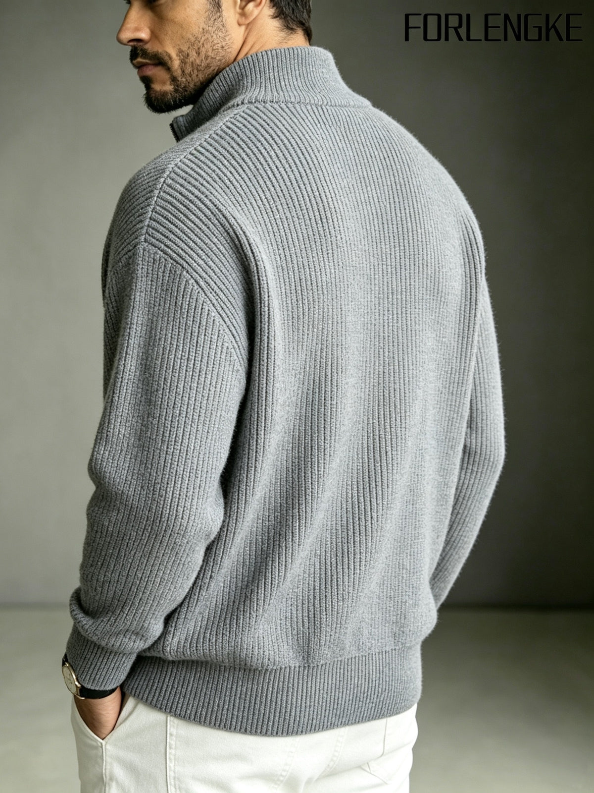 FORLENGKE Men Business Casual Stand Collar Full Zip Ribbed Knit Cardigan, Thick Warm Long Sleeve Sweater Jacket for Fall Winter Office Daily Wear - Grey