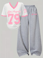 Plus Size Letter + Number 79 Print Short Sleeve Pants Set | Casual Sporty Loose V-Neck Short Sleeve Wide-Leg Pants Set | Summer Autumn Outing Fashion Spliced Collar Contrast Color Short Sleeve Pants Set - Pink/white/gray